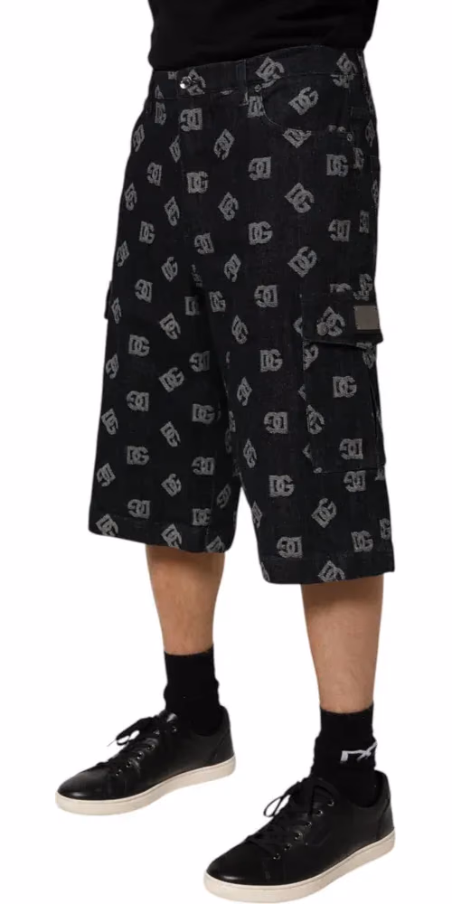 Dolce & Gabbana Black Monogram Denim Cargo Men Bermuda Short