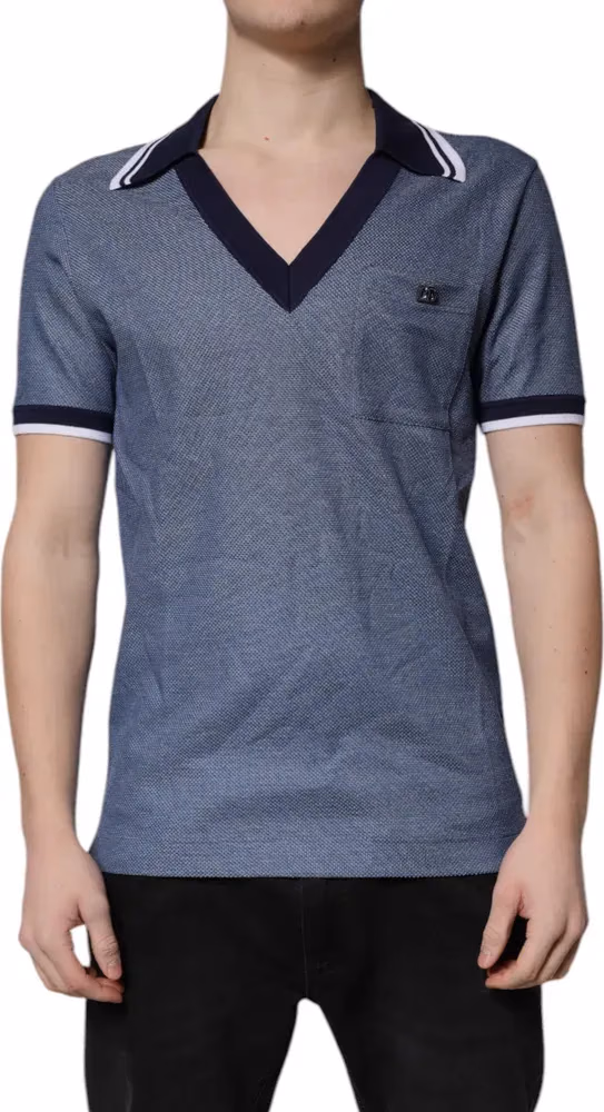Dolce & Gabbana Blue Collared V-neck Silk Blend Polo T-shirt