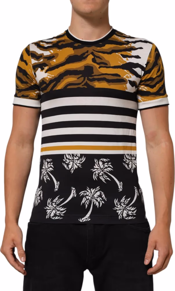 Dolce & Gabbana Multicolor Leopard Palm Leaf Men Crew Neck T-shirt