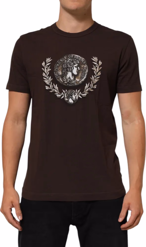 Dolce & Gabbana Brown Coin Laurel Print Men Crew Neck T-shirt