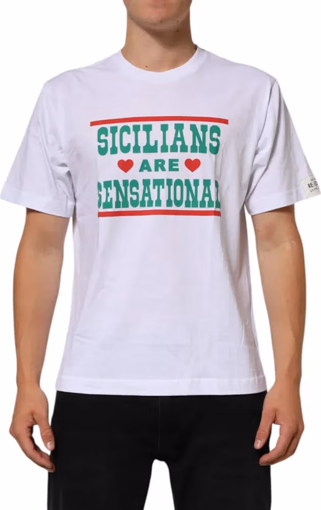 Dolce & Gabbana White Graphic Print Cotton Crew Neck T-shirt