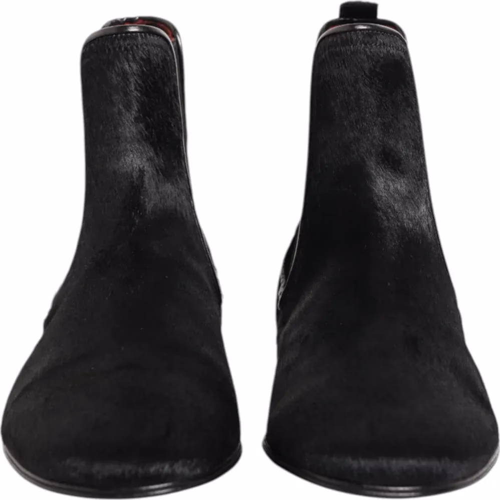 Dolce & Gabbana Black Leather Fur Men CHELSEA Boots Shoes