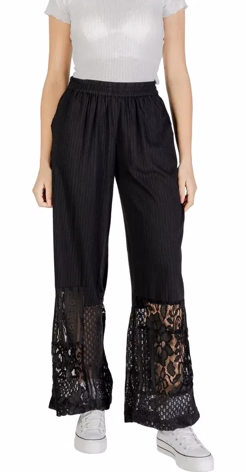 ICHI Black Cotton Casual Pants