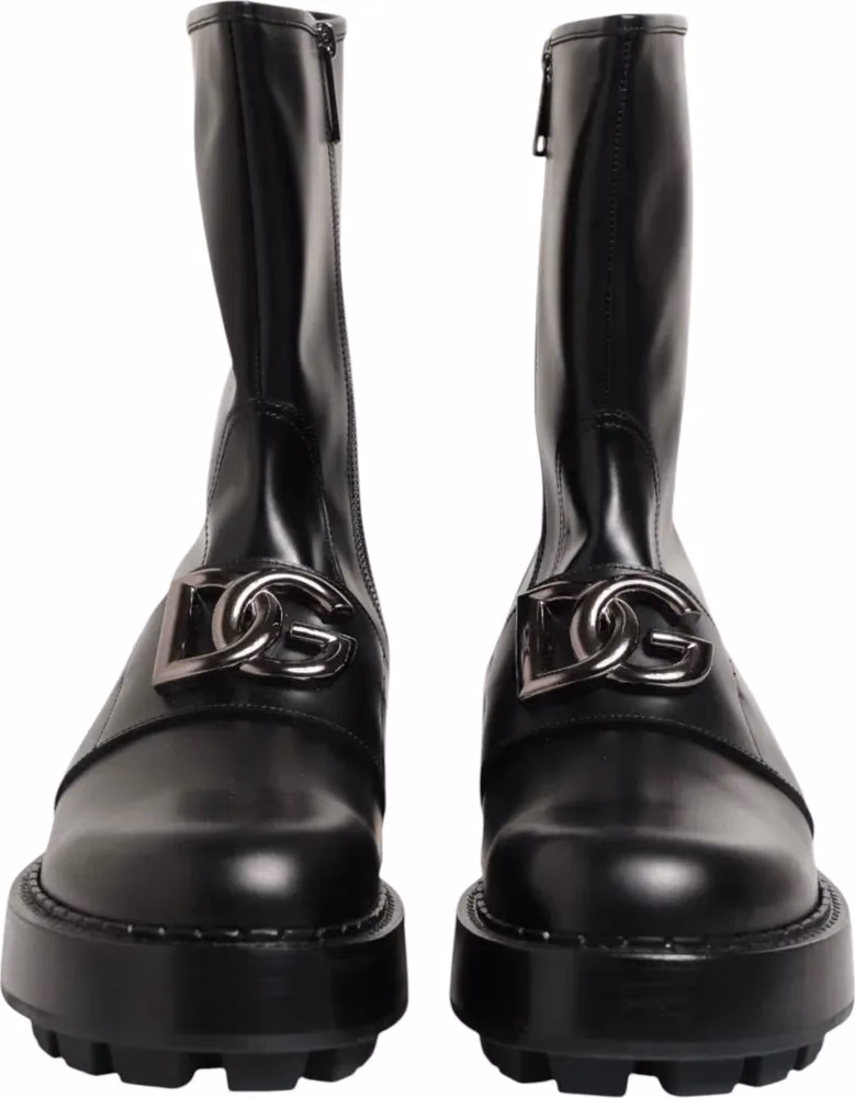 Dolce & Gabbana Black Logo Plaque Mid Calf Biker Boots Shoes