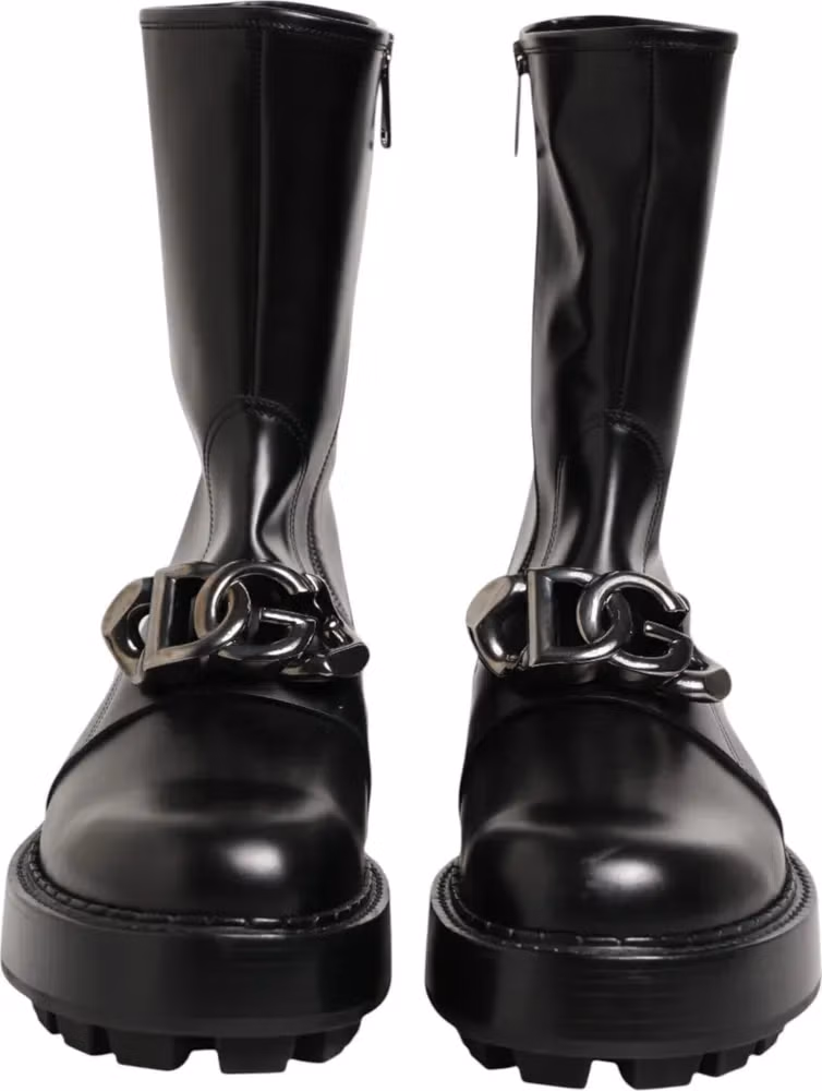 Dolce & Gabbana Black Logo Plaque Mid Calf Biker Boots Shoes