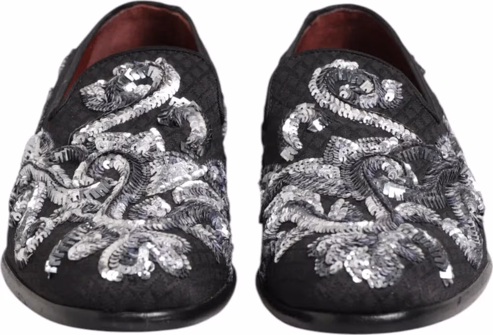 Dolce & Gabbana Black Silver Sequined Loafers Men Dress Shoes
