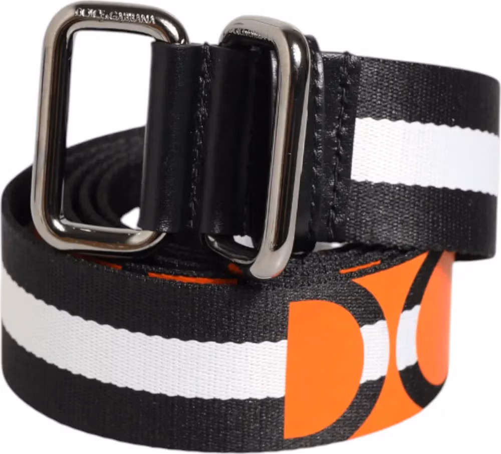 Dolce & Gabbana Black White Striped Logo Metal Buckle Belt