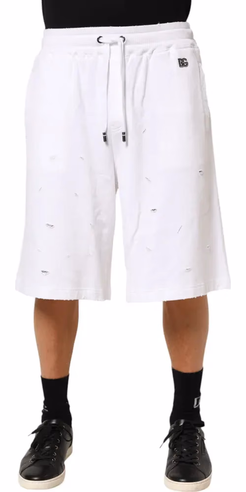 Dolce & Gabbana White Cotton Ripped Bermuda Sweatpants Shorts