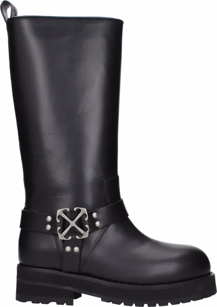 Off-White Black Leather Flat Boots