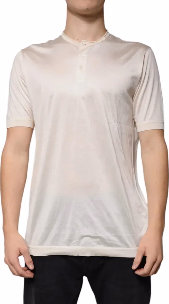 Dolce & Gabbana Off White Silk Henley Short Sleeves T-Shirt