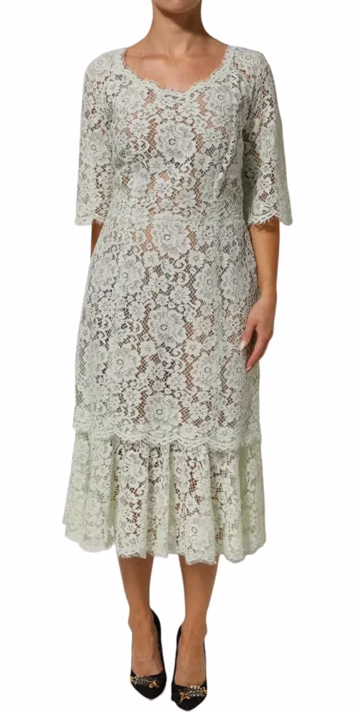 Dolce & Gabbana Mint Green Floral Lace Trim Midi Dress
