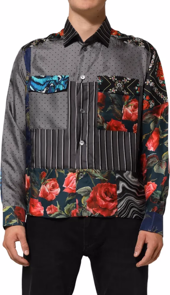 Dolce & Gabbana Multicolor Patchwork Long Sleeves Silk Shirt