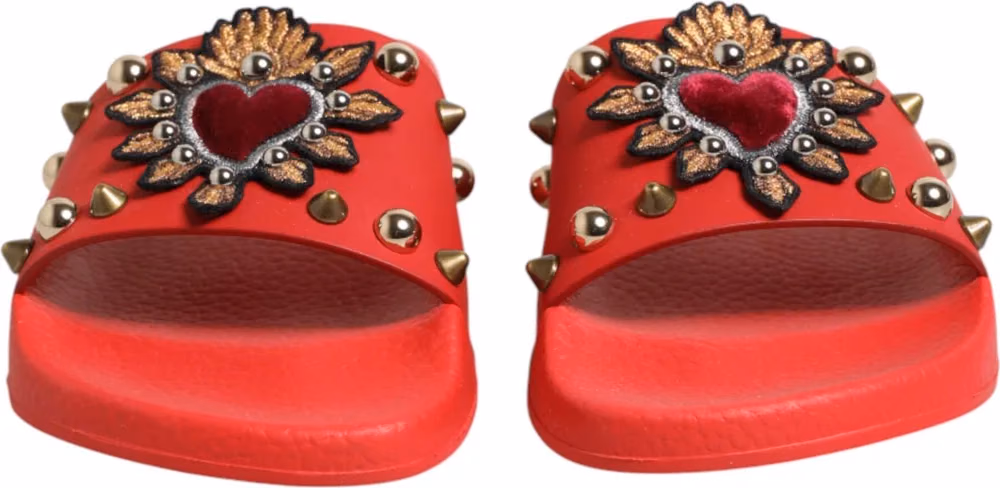 Dolce & Gabbana Red Sacred Heart Stud Slides Beachwear Shoes