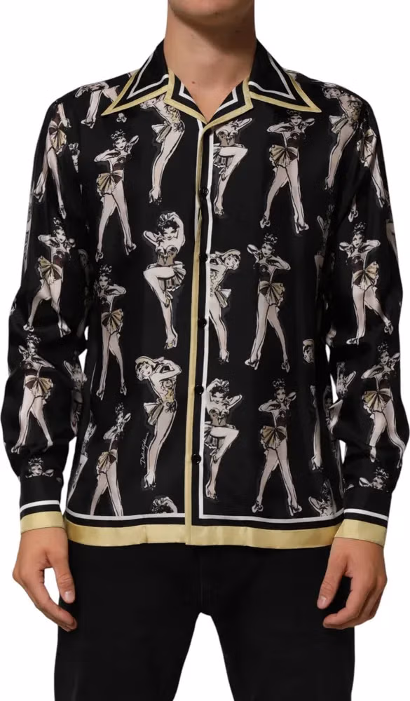 Dolce & Gabbana Black Silk Pin Up Printed Button Down Shirt