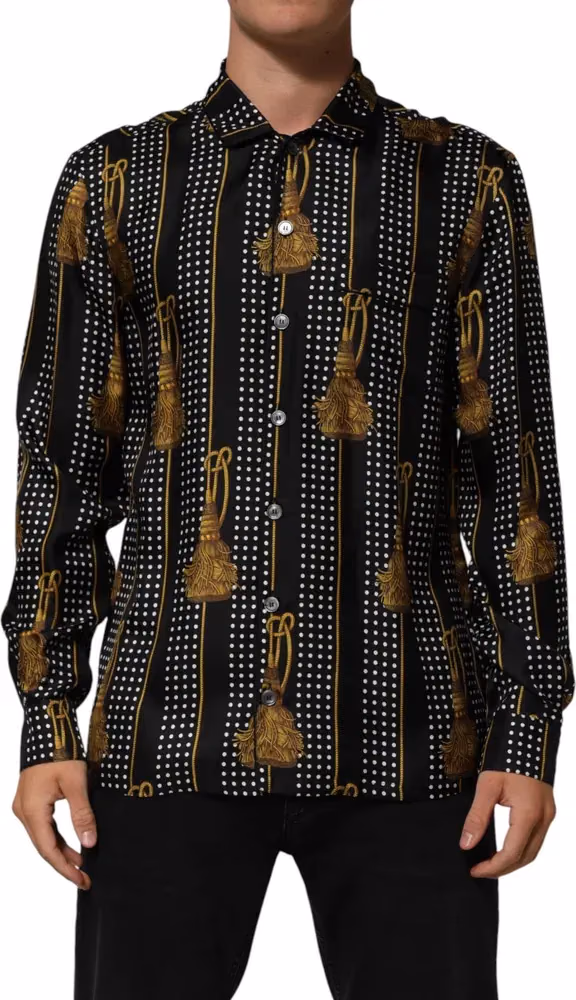 Dolce & Gabbana Black Dotted Tassel Silk Button Down Shirt