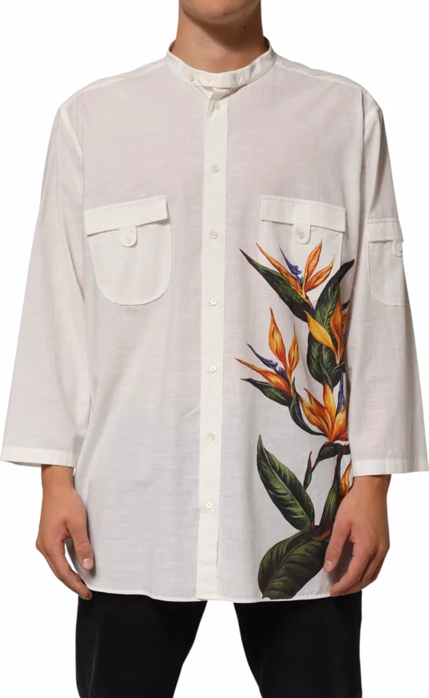 Dolce & Gabbana White Cotton Floral Print Button Down Shirt