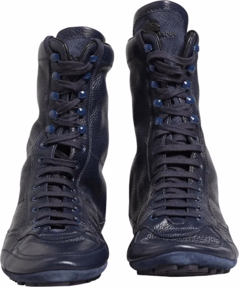 Dolce & Gabbana Dark Blue Deer Leather Mid Calf Boots Shoes