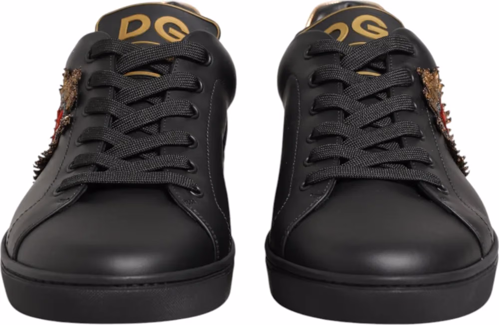 Dolce & Gabbana Black Leather Heart Embellished Sneakers Shoes