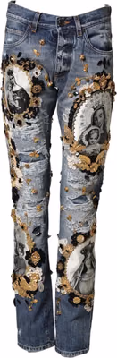 Blue Ripped Embellished Cotton Denim Jeans