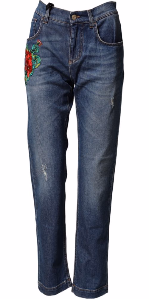 Dolce & Gabbana Blue Floral Embroidered BOYFRIEND Denim Jeans