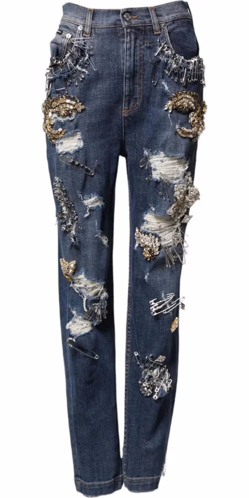 Dolce & Gabbana Blue Cotton Rhinestone Embellish Denim Jeans