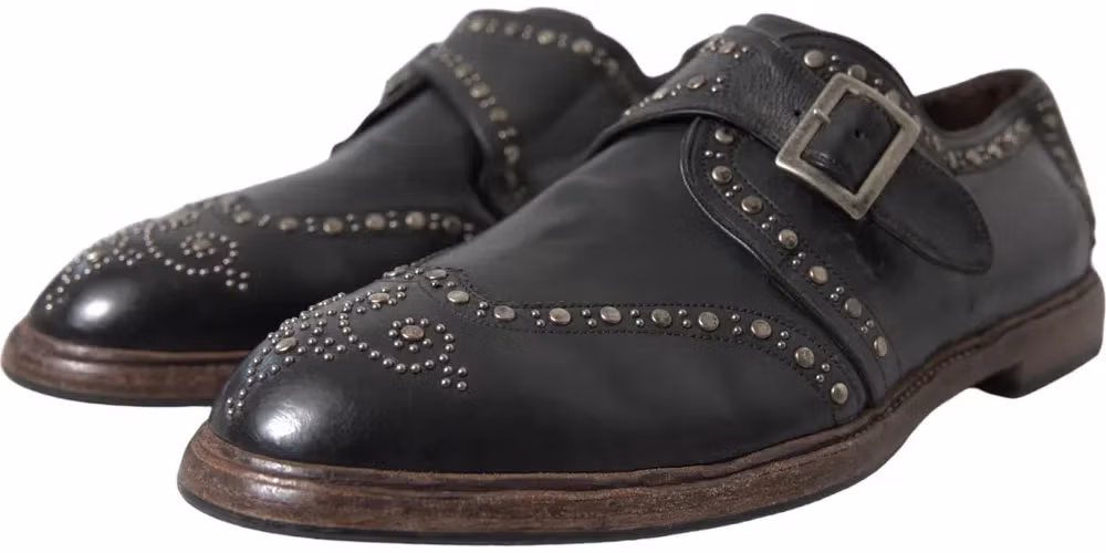 Dolce & Gabbana Black Leather Monk Strap Studded Dress Shoes