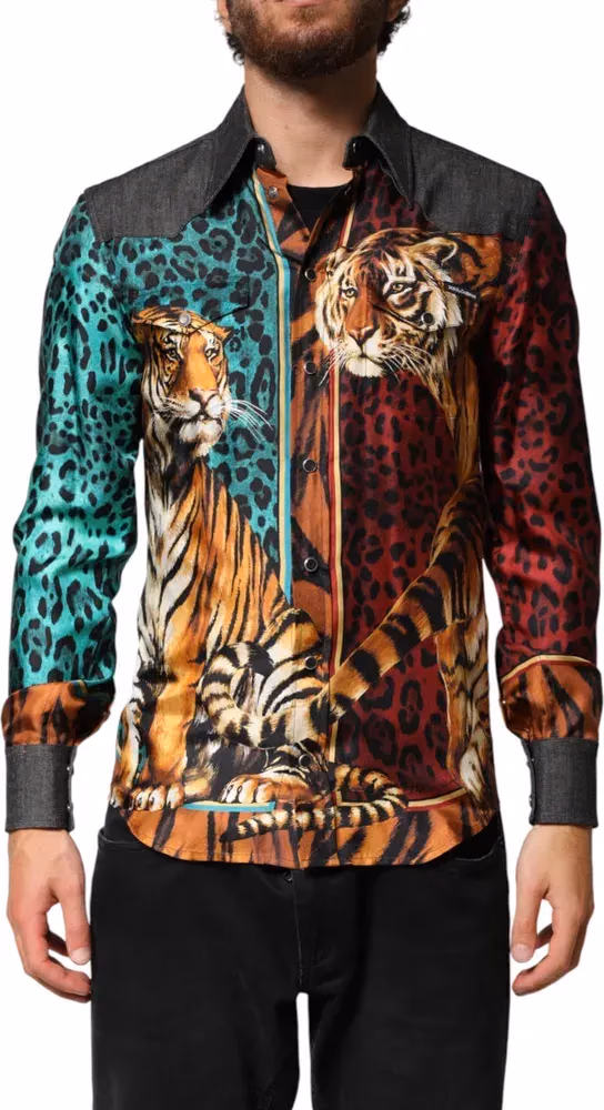 Dolce & Gabbana Multicolor Tiger Leopard Print Silk Men Shirt