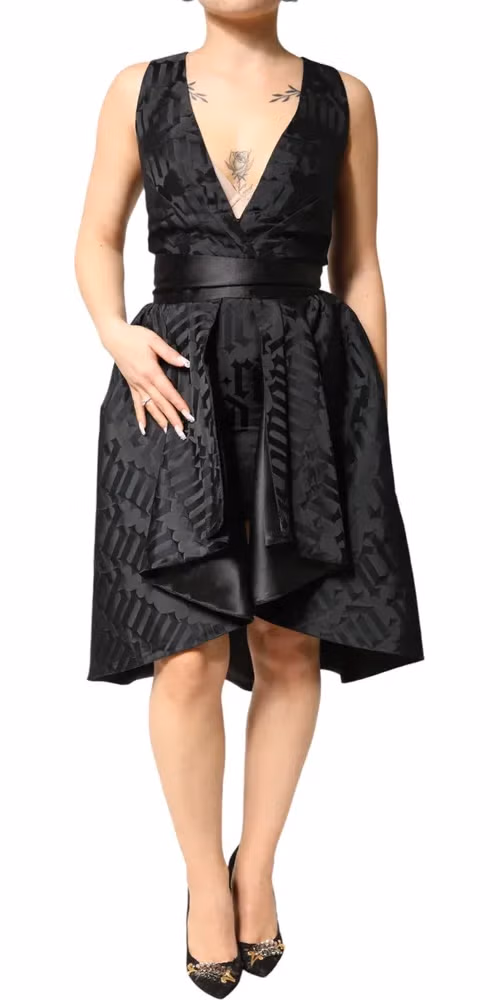 John Richmond Black Jacquard Deep V-neck Sleeveless 2 Pc Dress