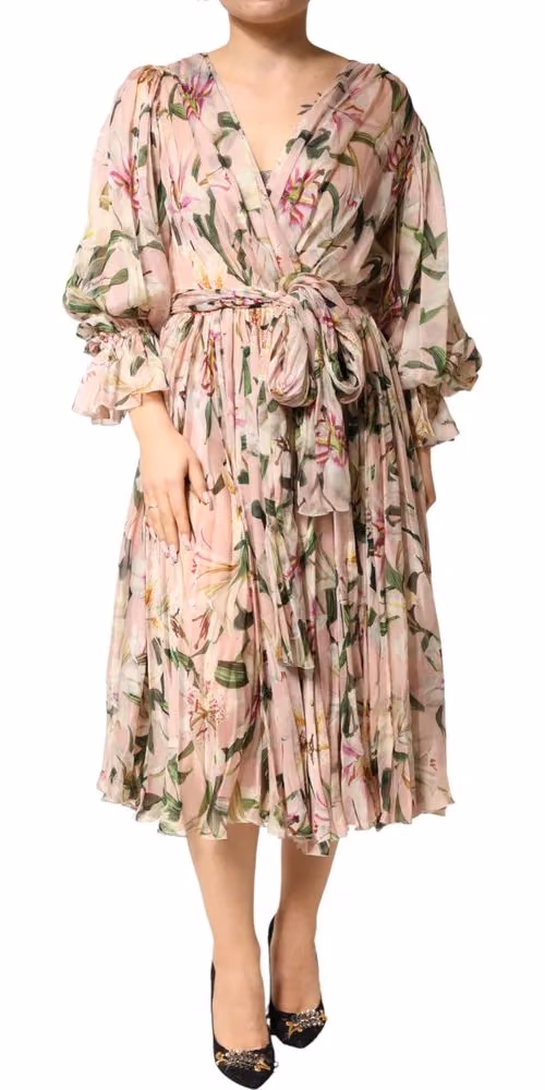 Dolce & Gabbana Pink Lily Print A-line Pleated Maxi Dress