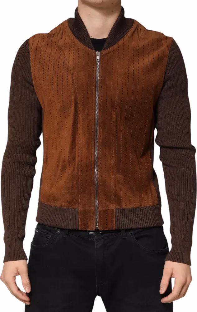 Dolce & Gabbana Brown Velvet Calfskin Full Zip Biker Jacket